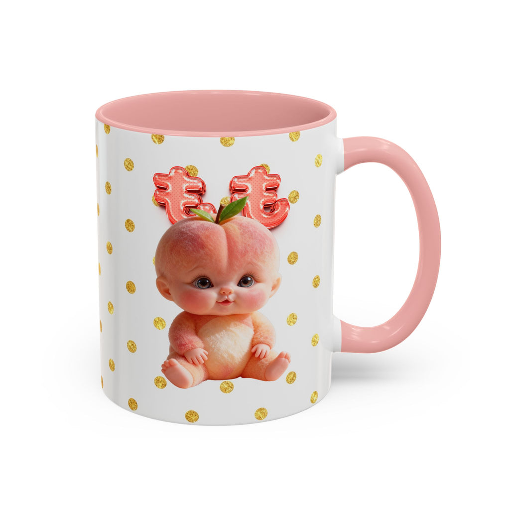 Peach Baby Ceramic Mug Pink Handle Cute Illustration Cup Accent Coffee Mug (11, 15oz)