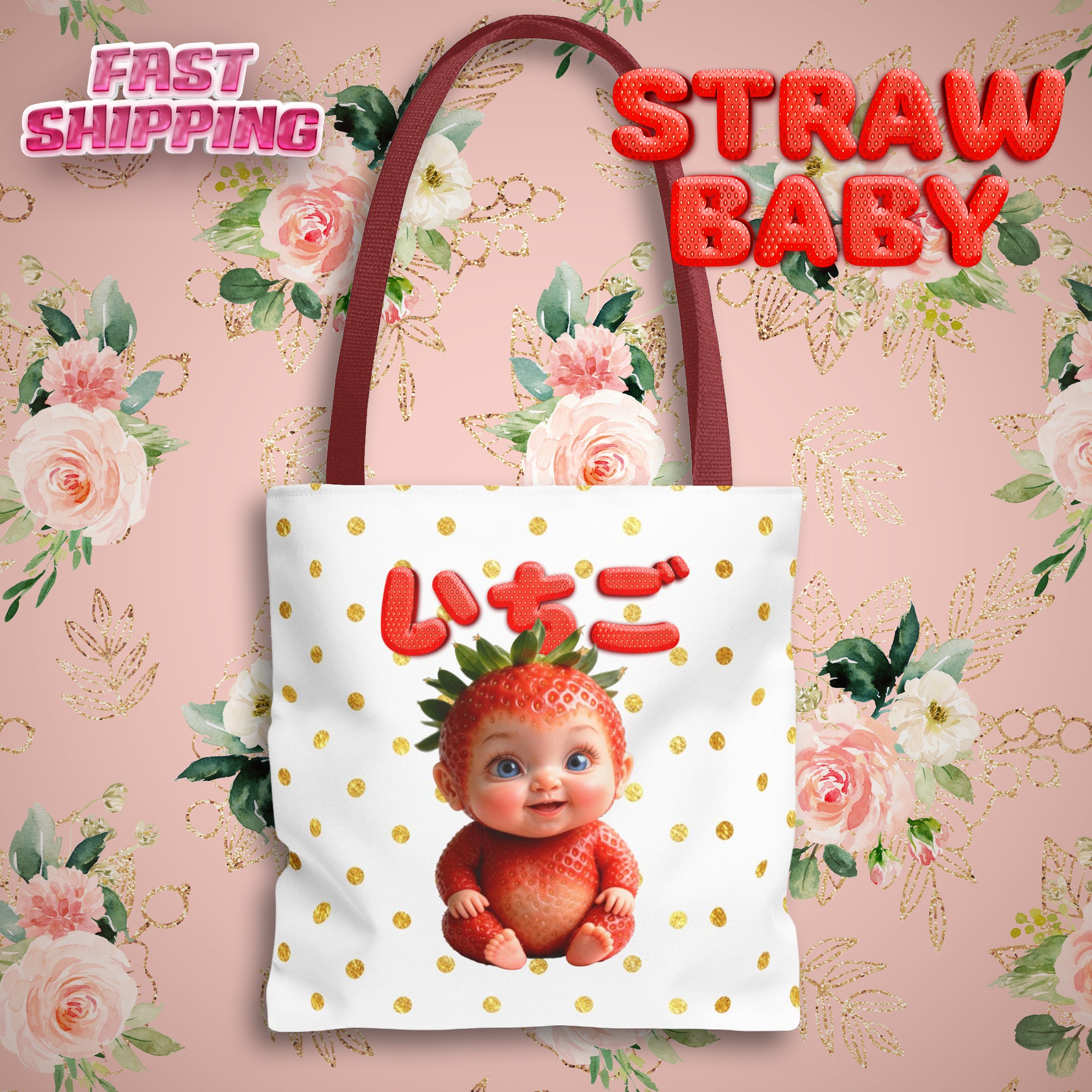 Kawaii Strawberry Baby Tote Bag Cute Japanese Text Canvas Bag Gold Polka Dot Reusable Gift for Her