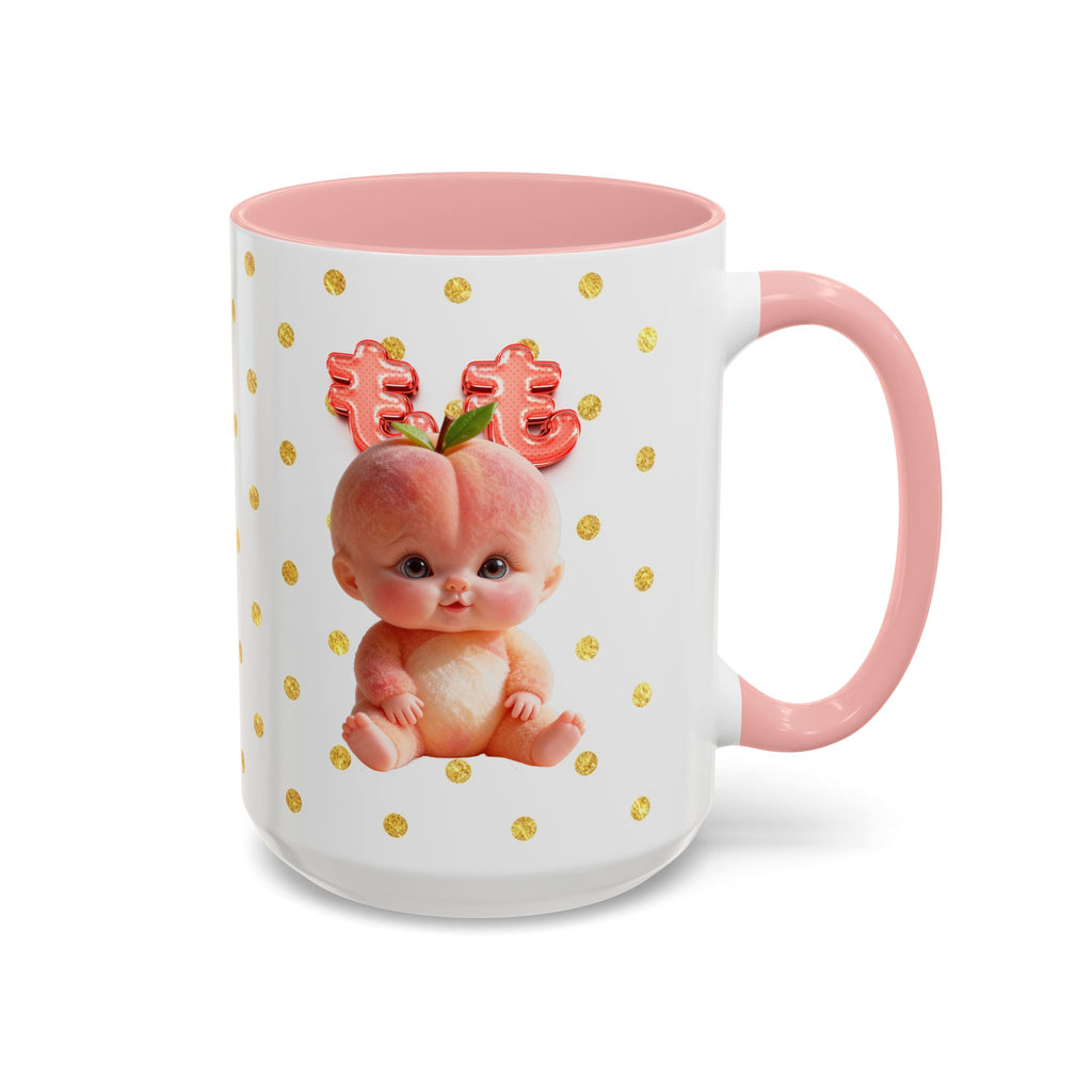 Peach Baby Ceramic Mug Pink Handle Cute Illustration Cup Accent Coffee Mug (11, 15oz)