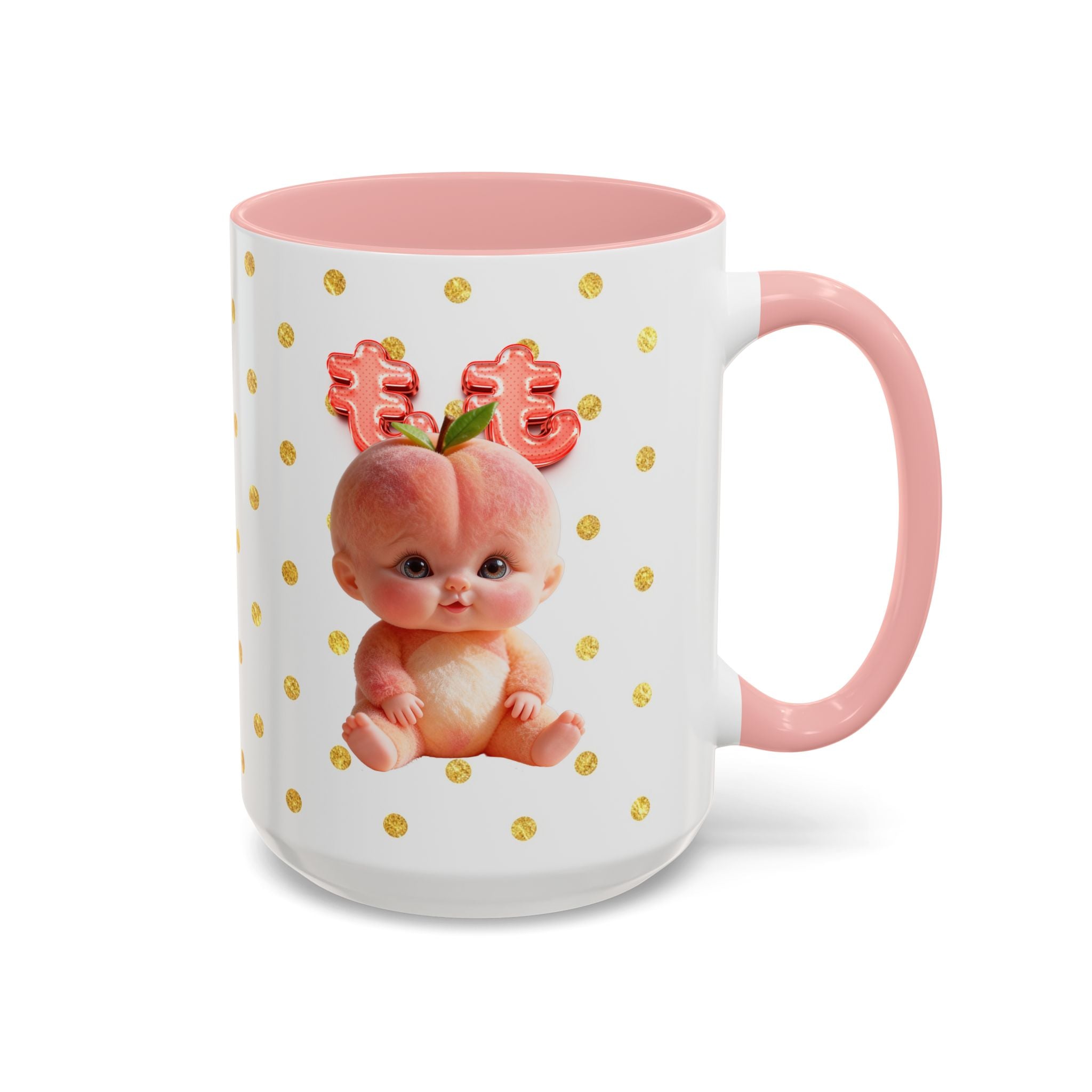 Peach Baby Ceramic Mug Pink Handle Cute Illustration Cup Accent Coffee Mug (11, 15oz)