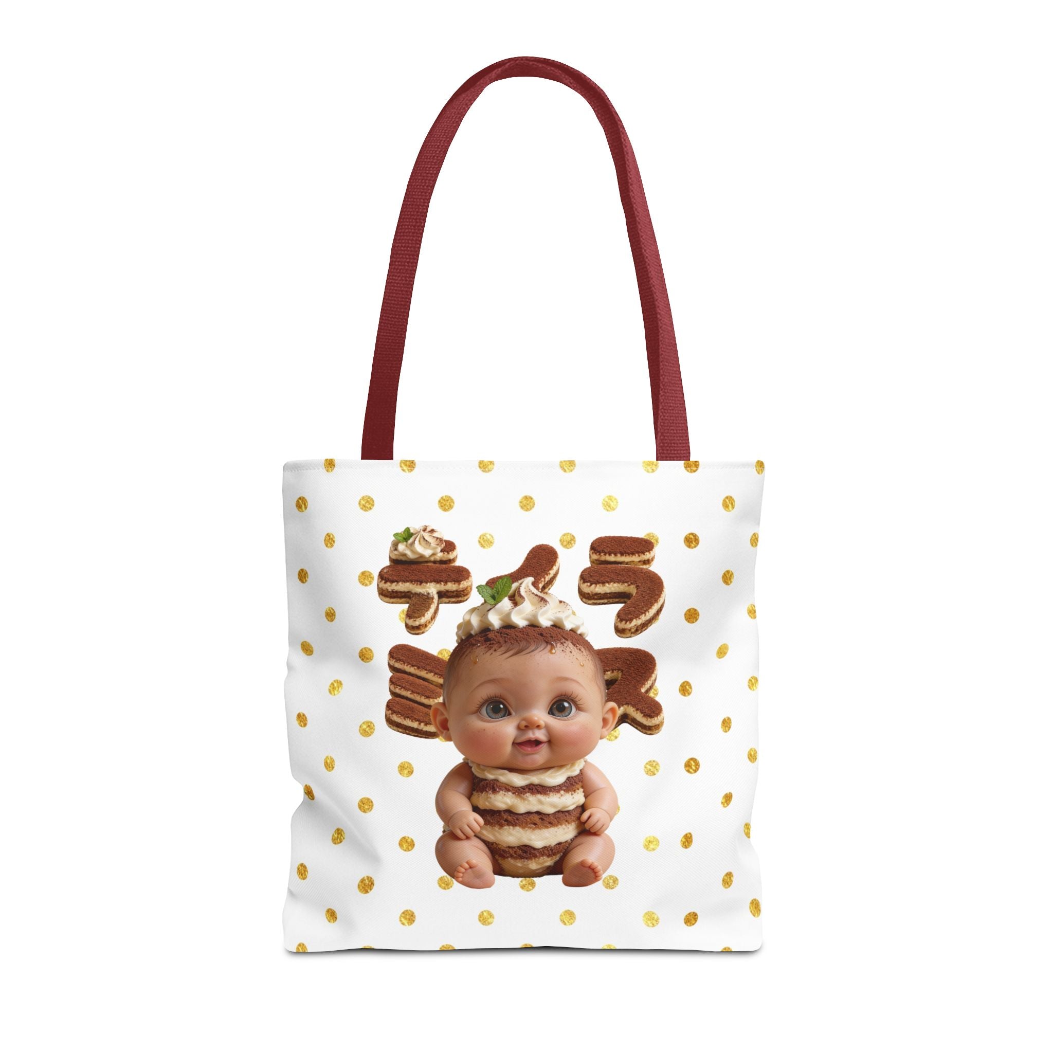 TiraBaby Tote Bag Tiramisu Dessert Character Japanese Text Gold Dot Design | Tote Bag (AOP)