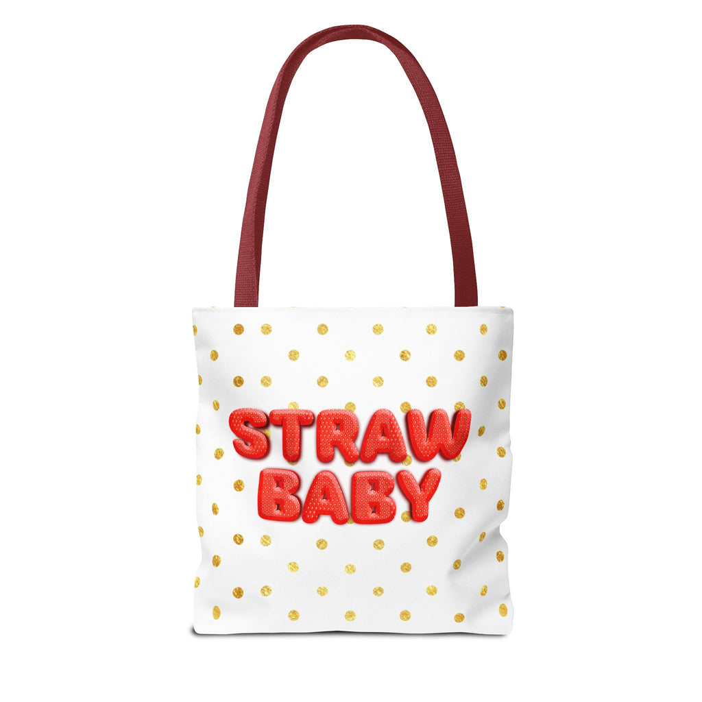 Kawaii Strawberry Baby Tote Bag Cute Japanese Text Canvas Bag Gold Polka Dot Reusable Gift for Her