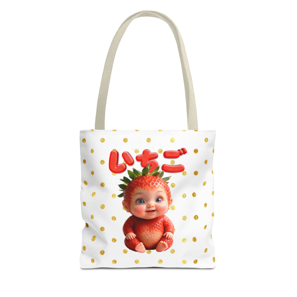 Kawaii Strawberry Baby Tote Bag Cute Japanese Text Canvas Bag Gold Polka Dot Reusable Gift for Her