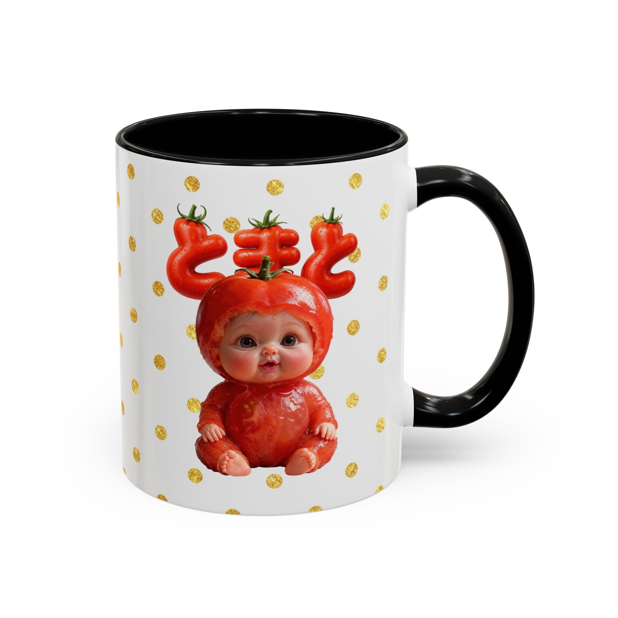 Tomato Baby Mug Cute Food Character Gold Dot Cup | Accent Coffee Mug (11, 15oz)
