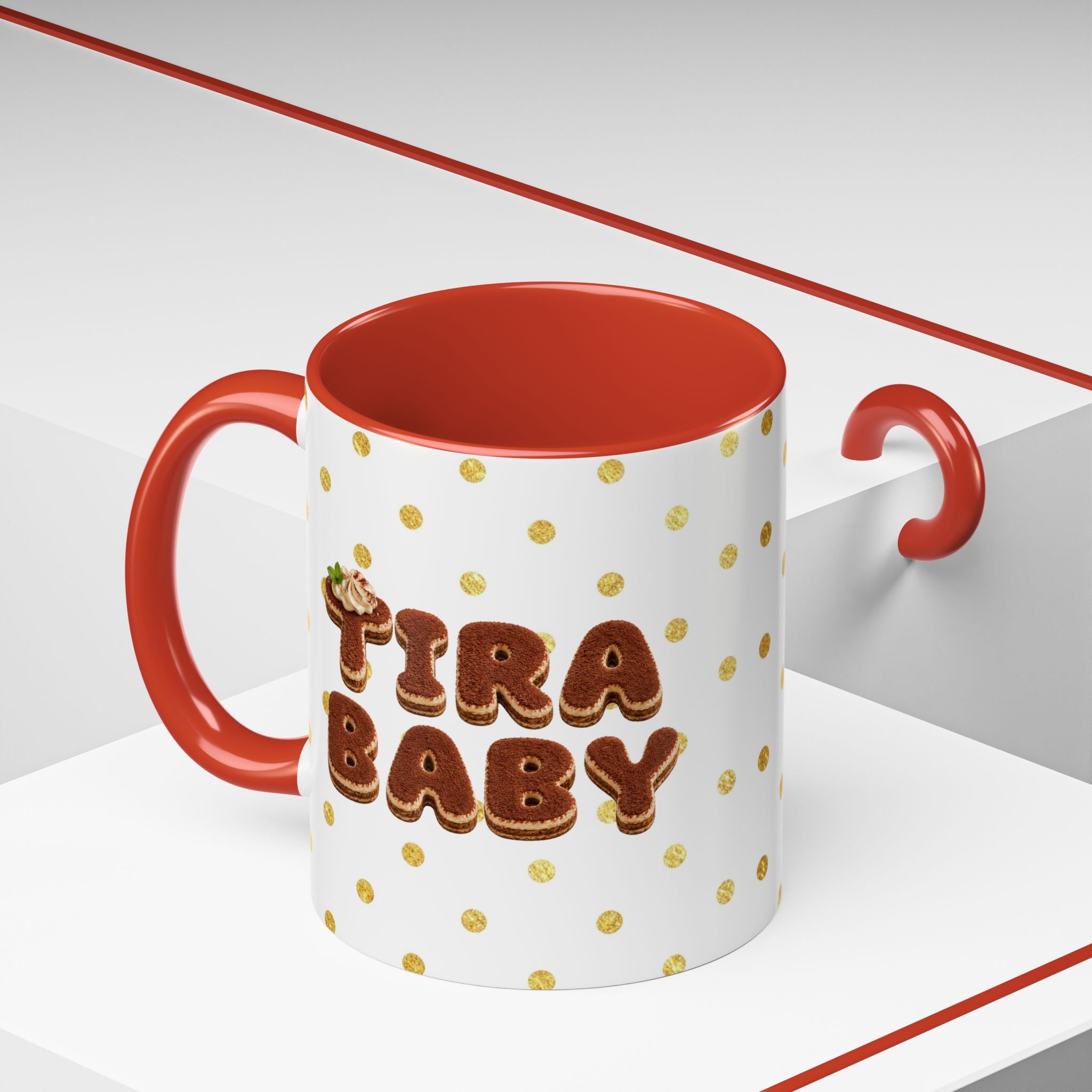 TiraBaby Red Accent Mug Tiramisu Dessert Character Japanese Text | Accent Coffee Mug (11, 15oz)