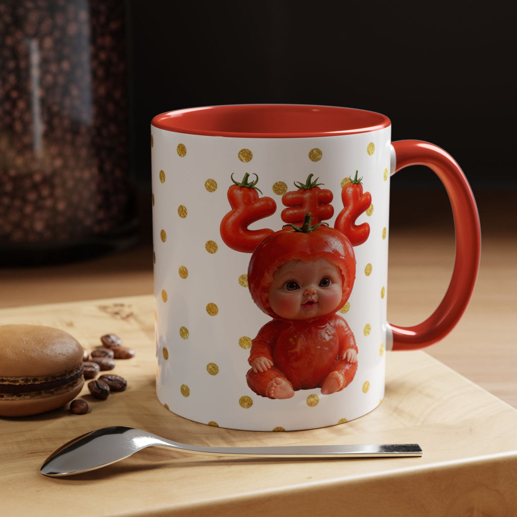 Tomato Baby Mug Cute Food Character Gold Dot Cup | Accent Coffee Mug (11, 15oz)