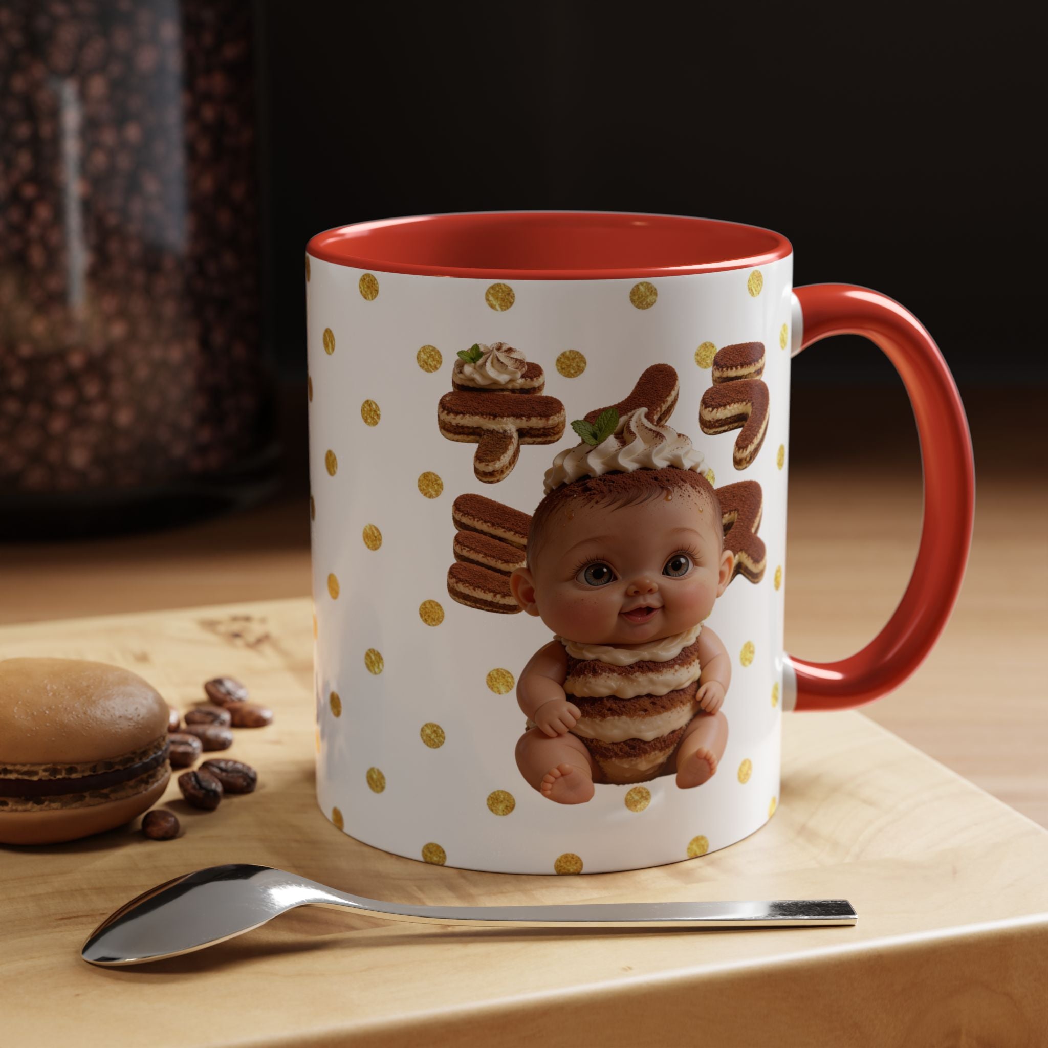 TiraBaby Red Accent Mug Tiramisu Dessert Character Japanese Text | Accent Coffee Mug (11, 15oz)
