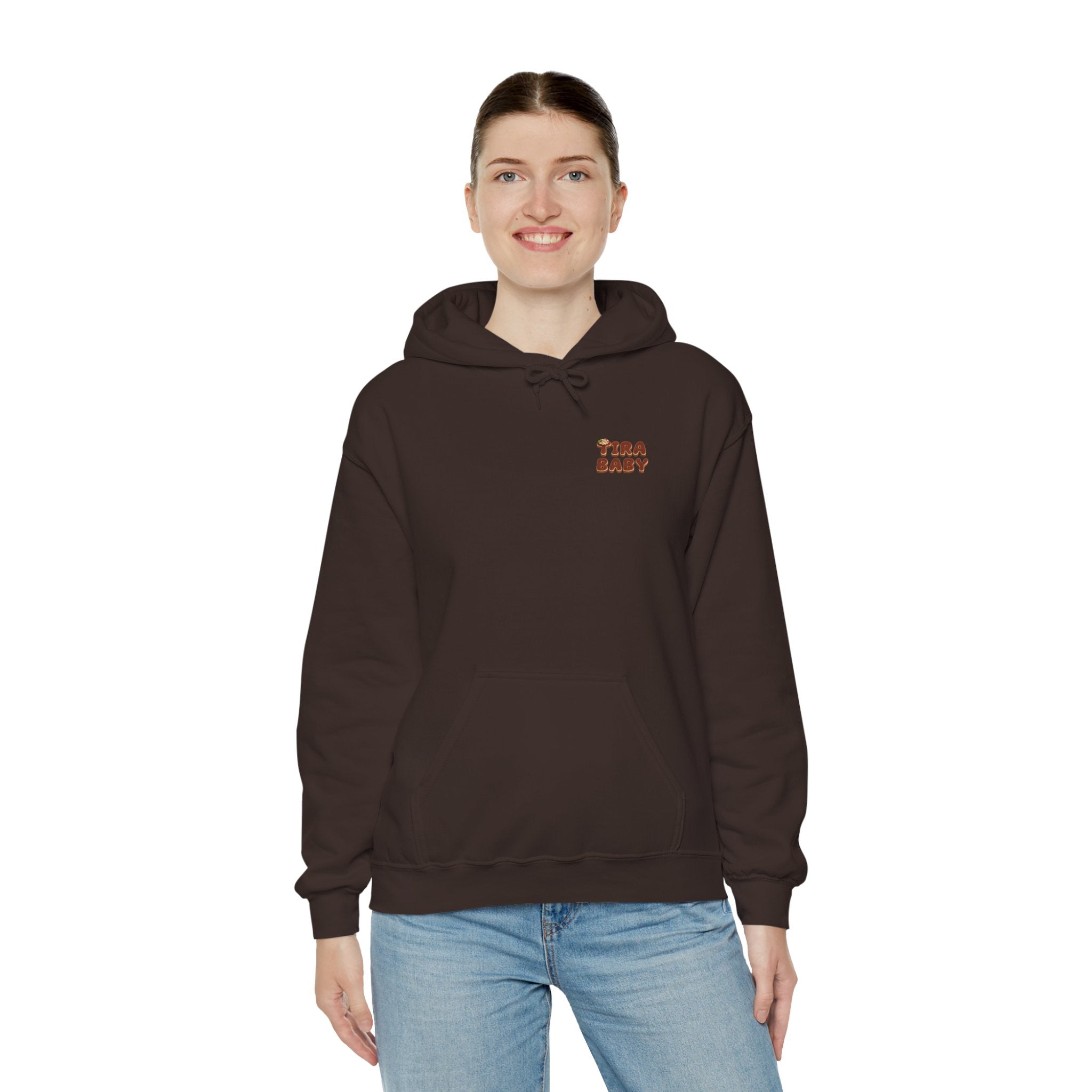 TiraBaby Graphic Hoodie Tiramisu Dessert Character Japanese Text | Unisex Heavy Blend™ Hooded Sweatshirt