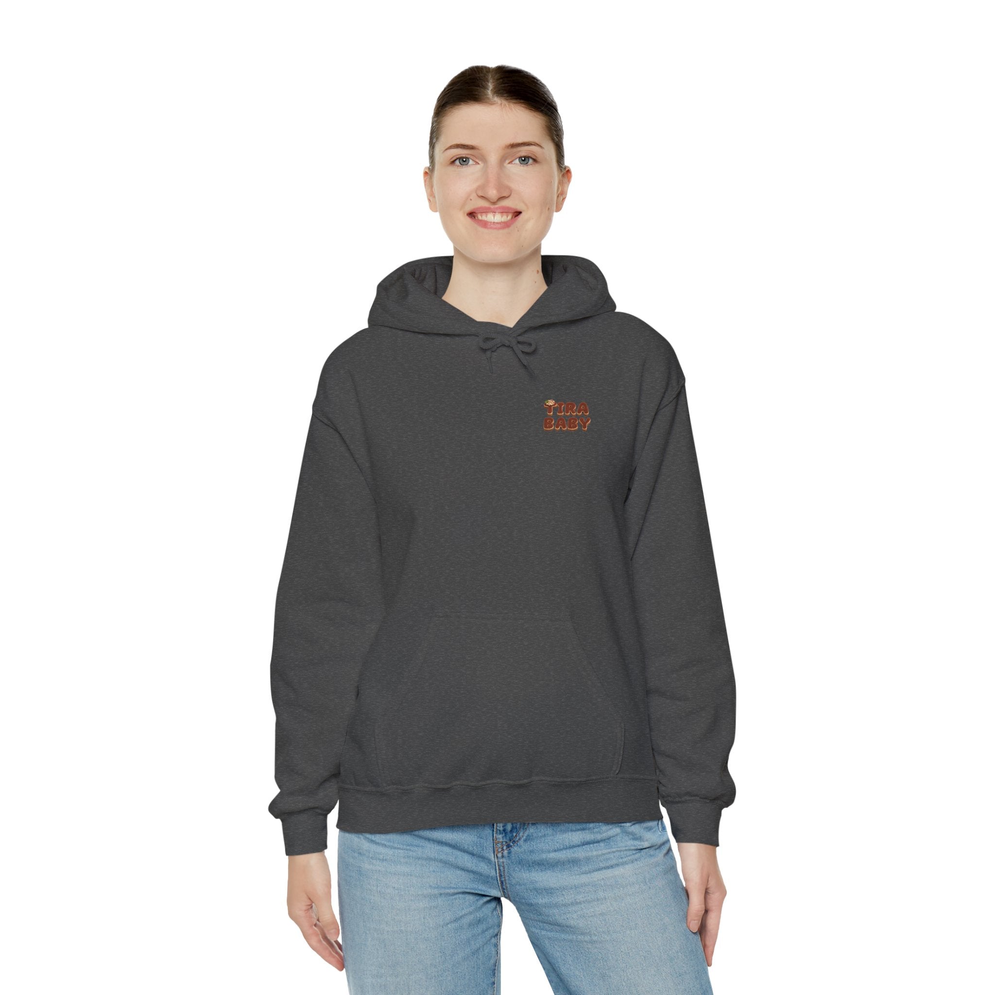 TiraBaby Graphic Hoodie Tiramisu Dessert Character Japanese Text | Unisex Heavy Blend™ Hooded Sweatshirt