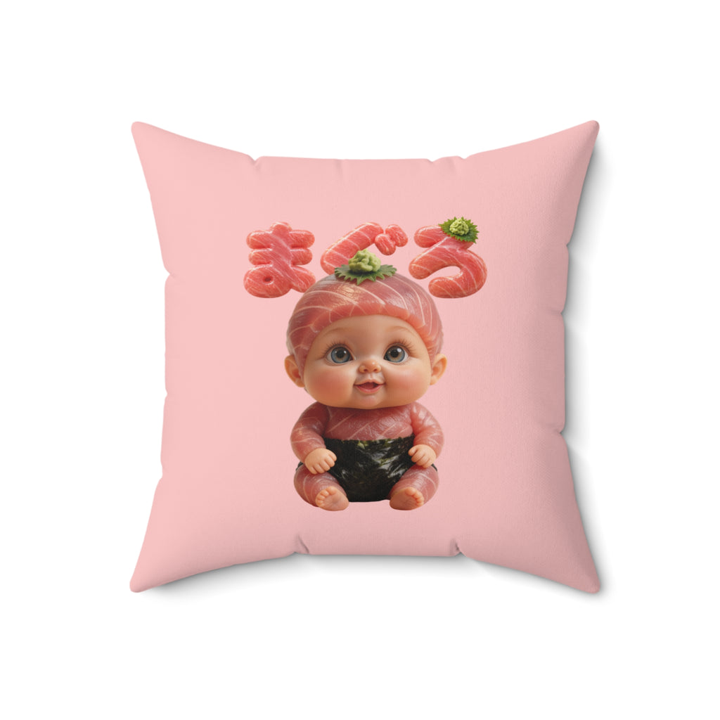 Pink Throw Pillow Tuna Baby Maguro Sushi Character Japanese Text | Spun Polyester Square Pillow