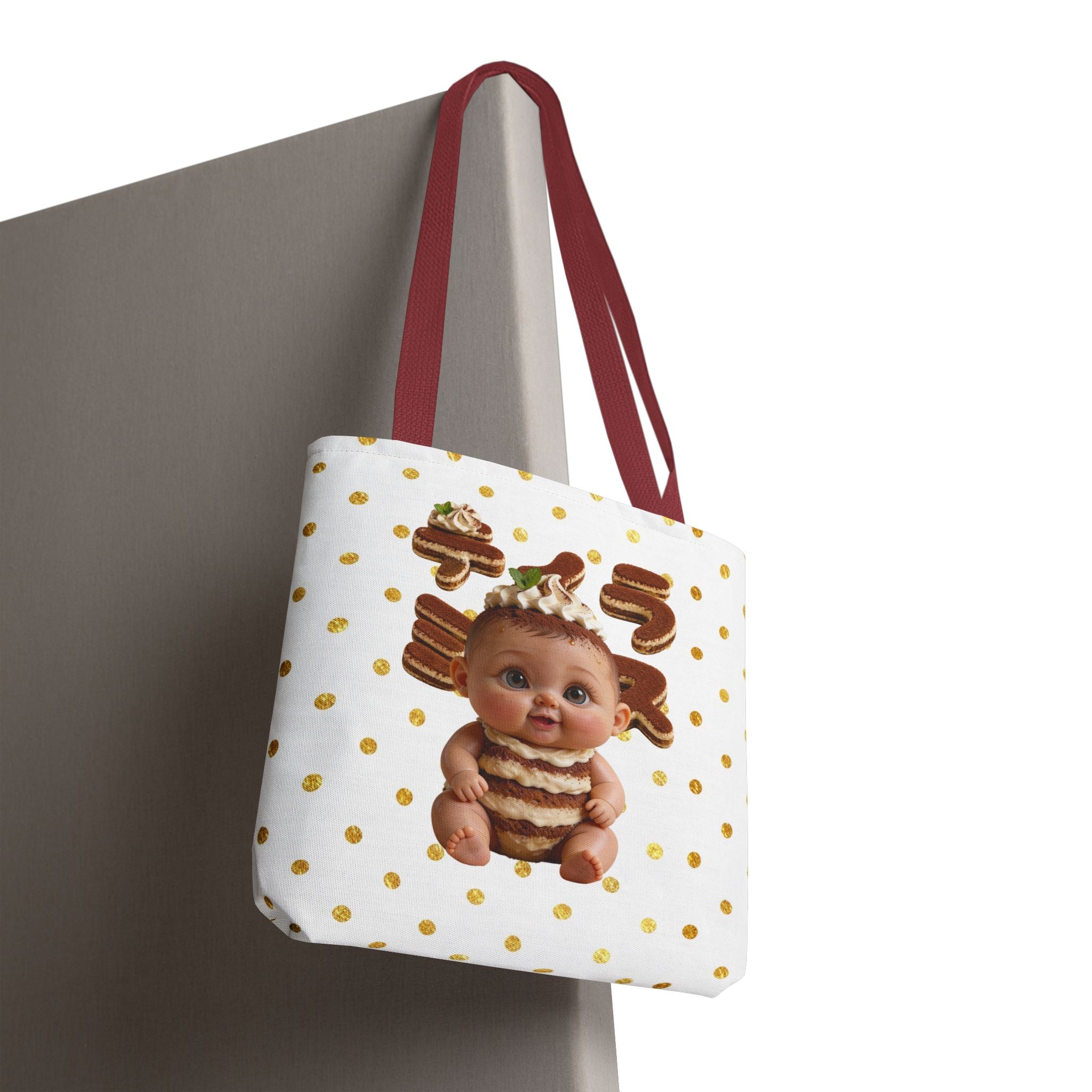 TiraBaby Tote Bag Tiramisu Dessert Character Japanese Text Gold Dot Design | Tote Bag (AOP)