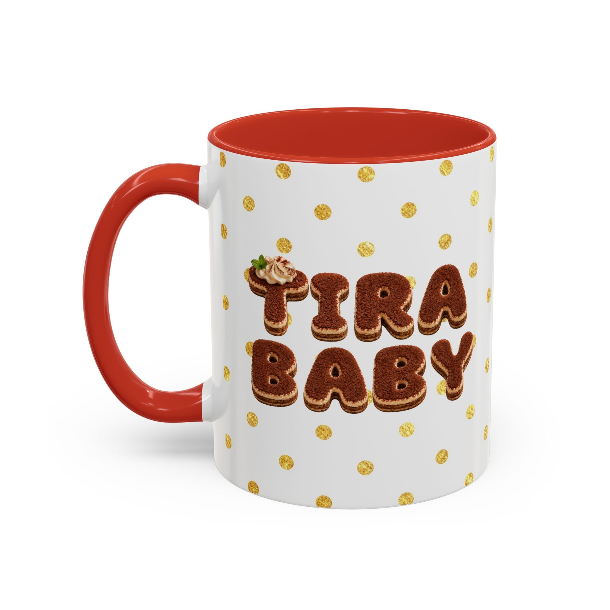 TiraBaby Red Accent Mug Tiramisu Dessert Character Japanese Text | Accent Coffee Mug (11, 15oz)