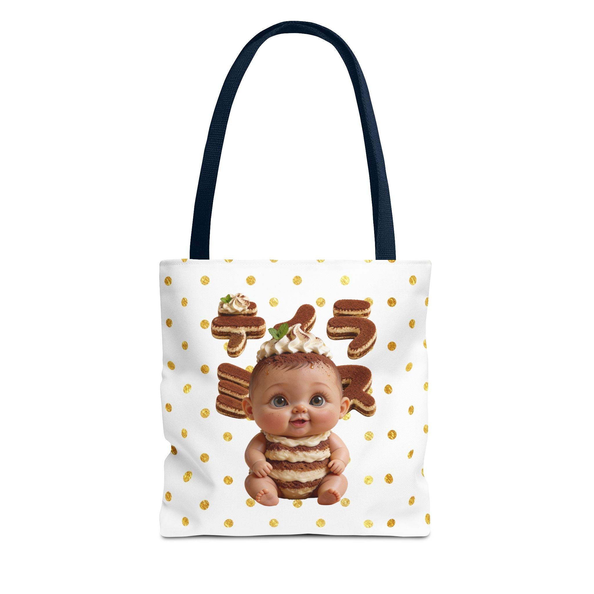 TiraBaby Tote Bag Tiramisu Dessert Character Japanese Text Gold Dot Design | Tote Bag (AOP)