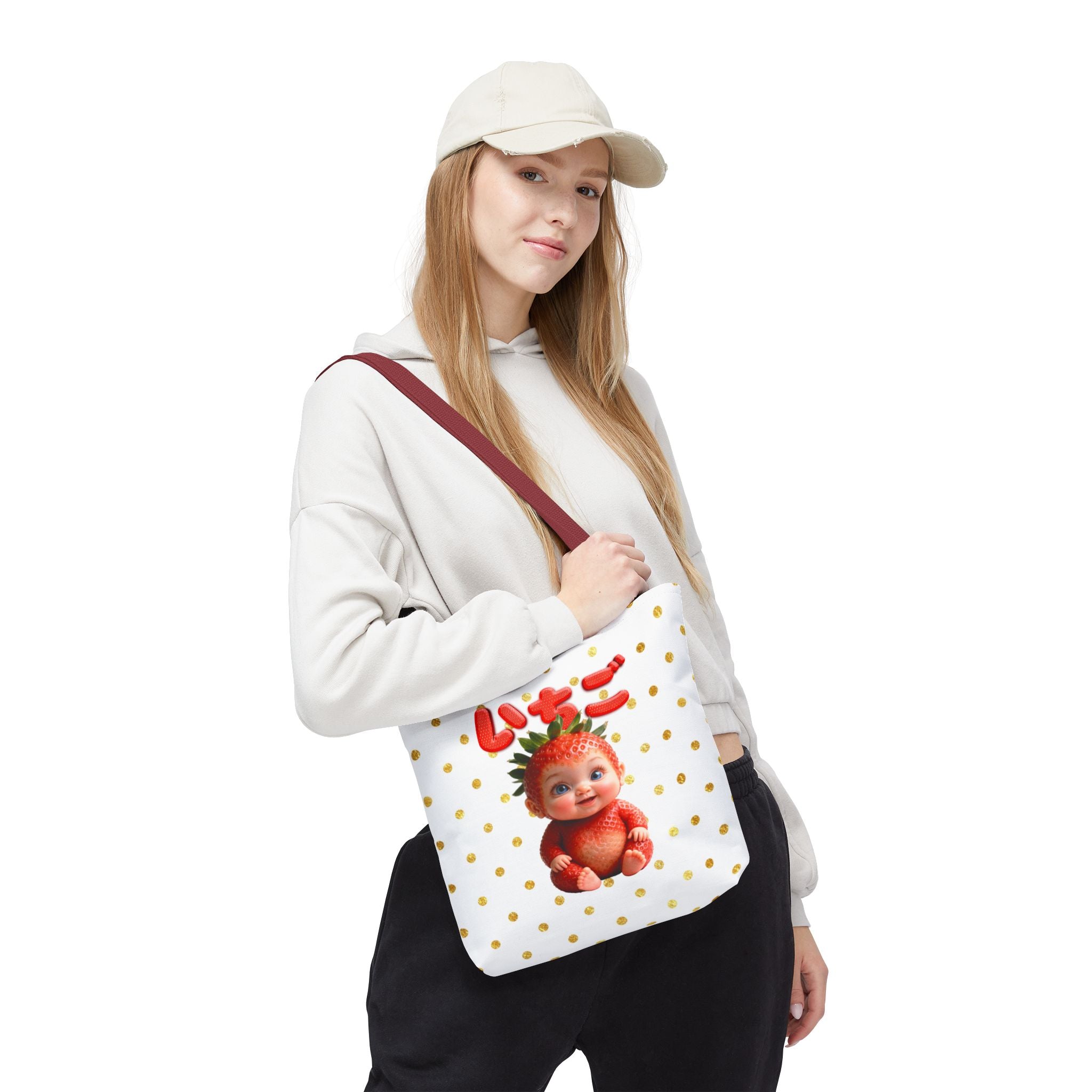 Kawaii Strawberry Baby Tote Bag Cute Japanese Text Canvas Bag Gold Polka Dot Reusable Gift for Her