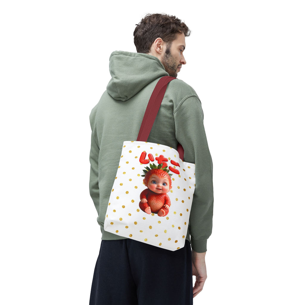 Kawaii Strawberry Baby Tote Bag Cute Japanese Text Canvas Bag Gold Polka Dot Reusable Gift for Her