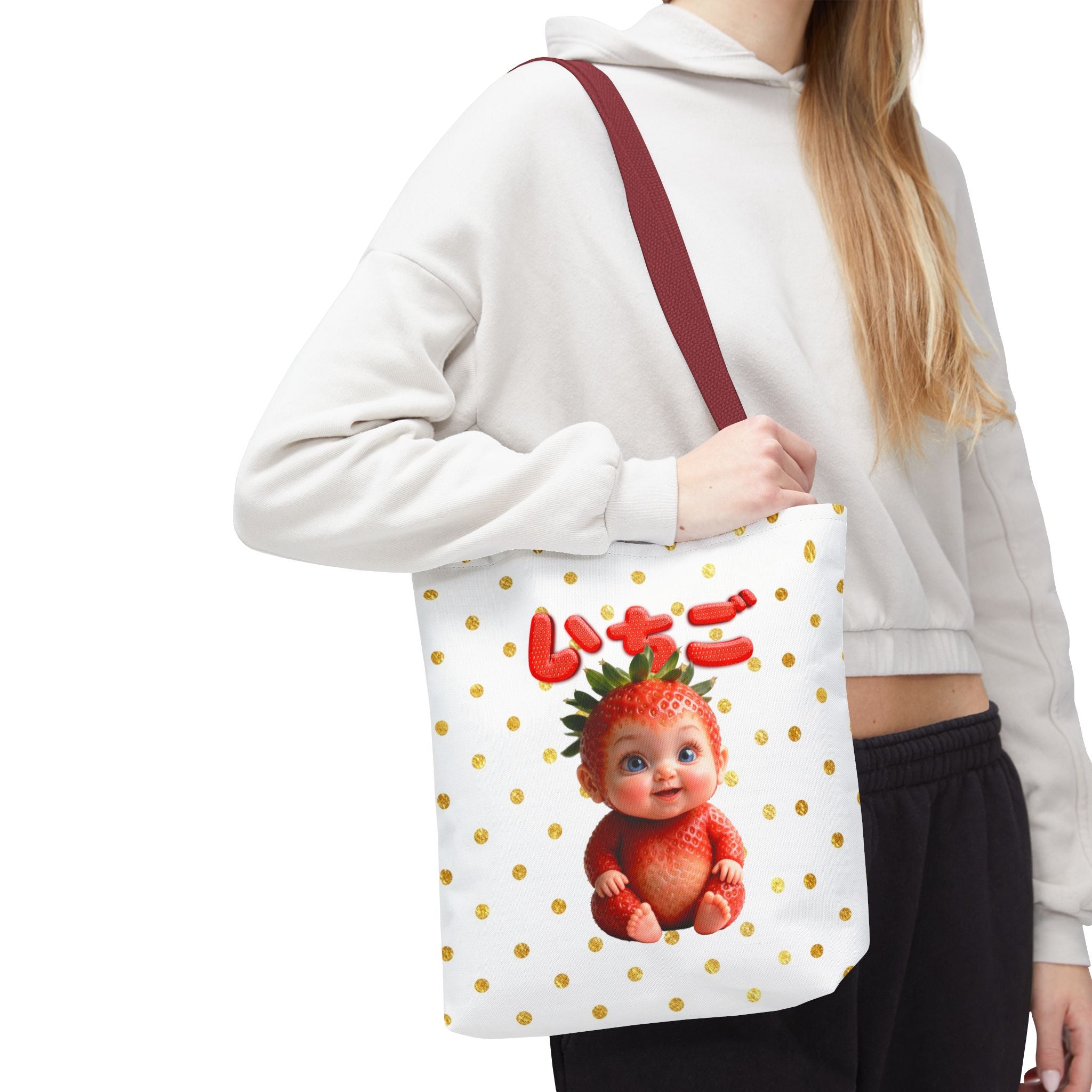 Kawaii Strawberry Baby Tote Bag Cute Japanese Text Canvas Bag Gold Polka Dot Reusable Gift for Her