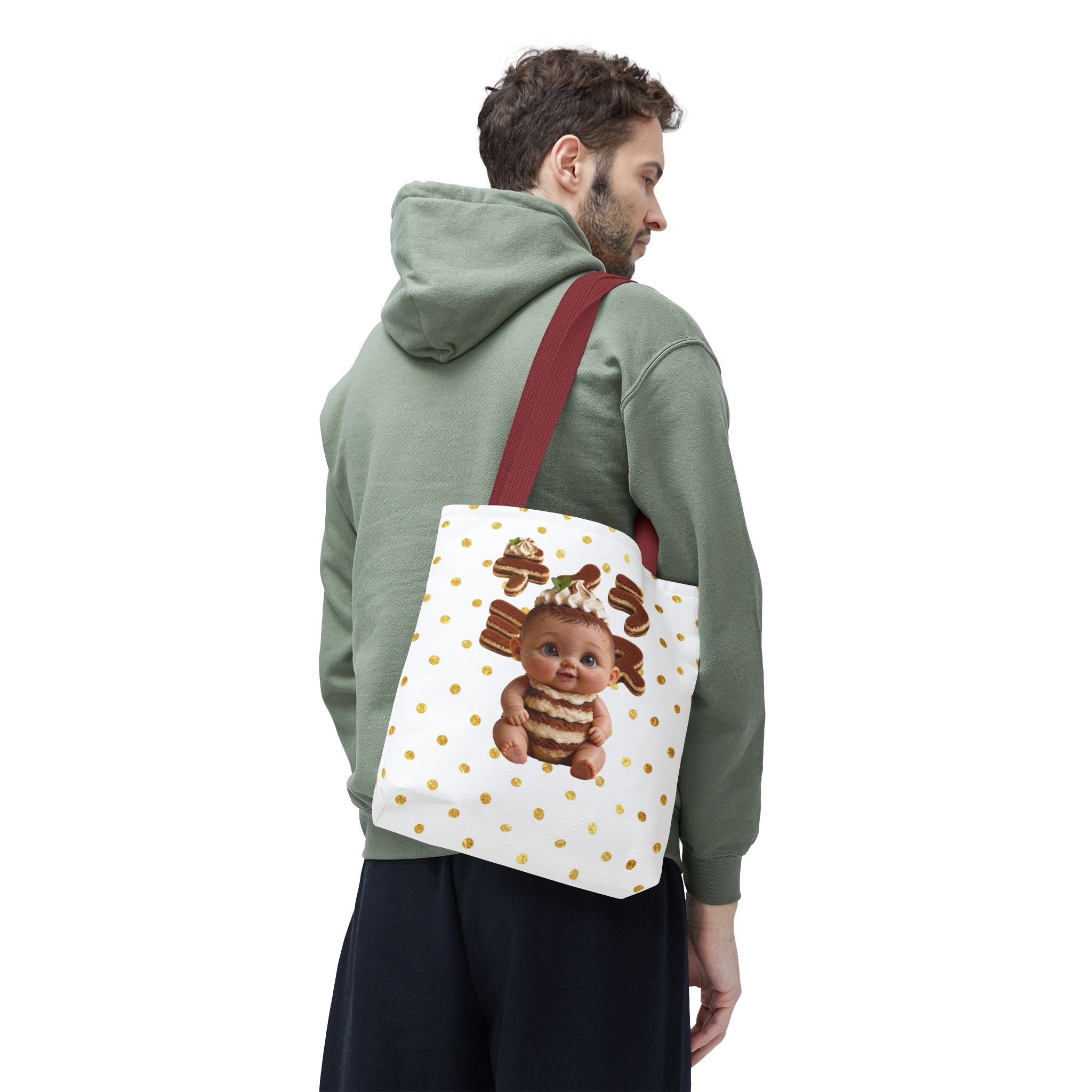 TiraBaby Tote Bag Tiramisu Dessert Character Japanese Text Gold Dot Design | Tote Bag (AOP)