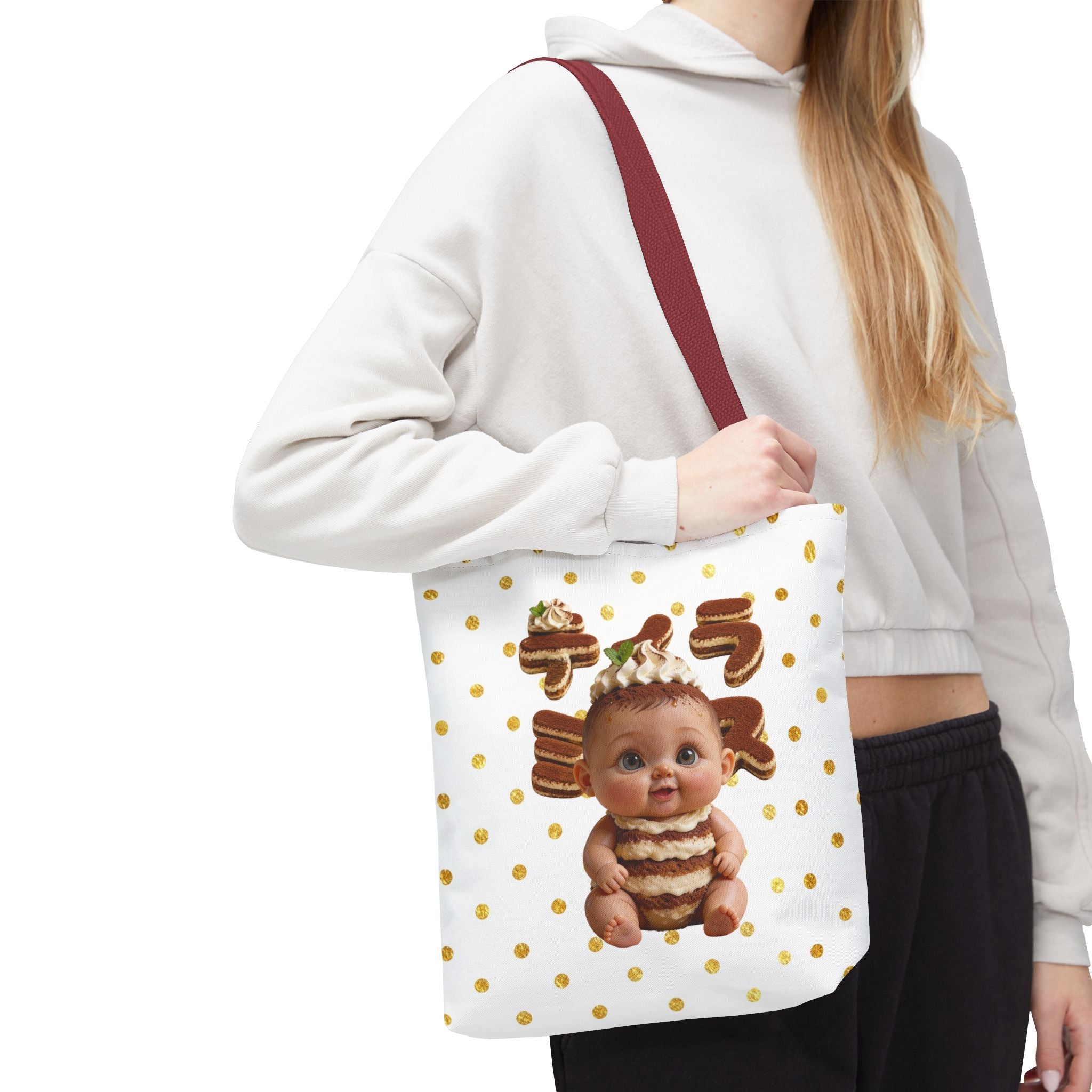 TiraBaby Tote Bag Tiramisu Dessert Character Japanese Text Gold Dot Design | Tote Bag (AOP)