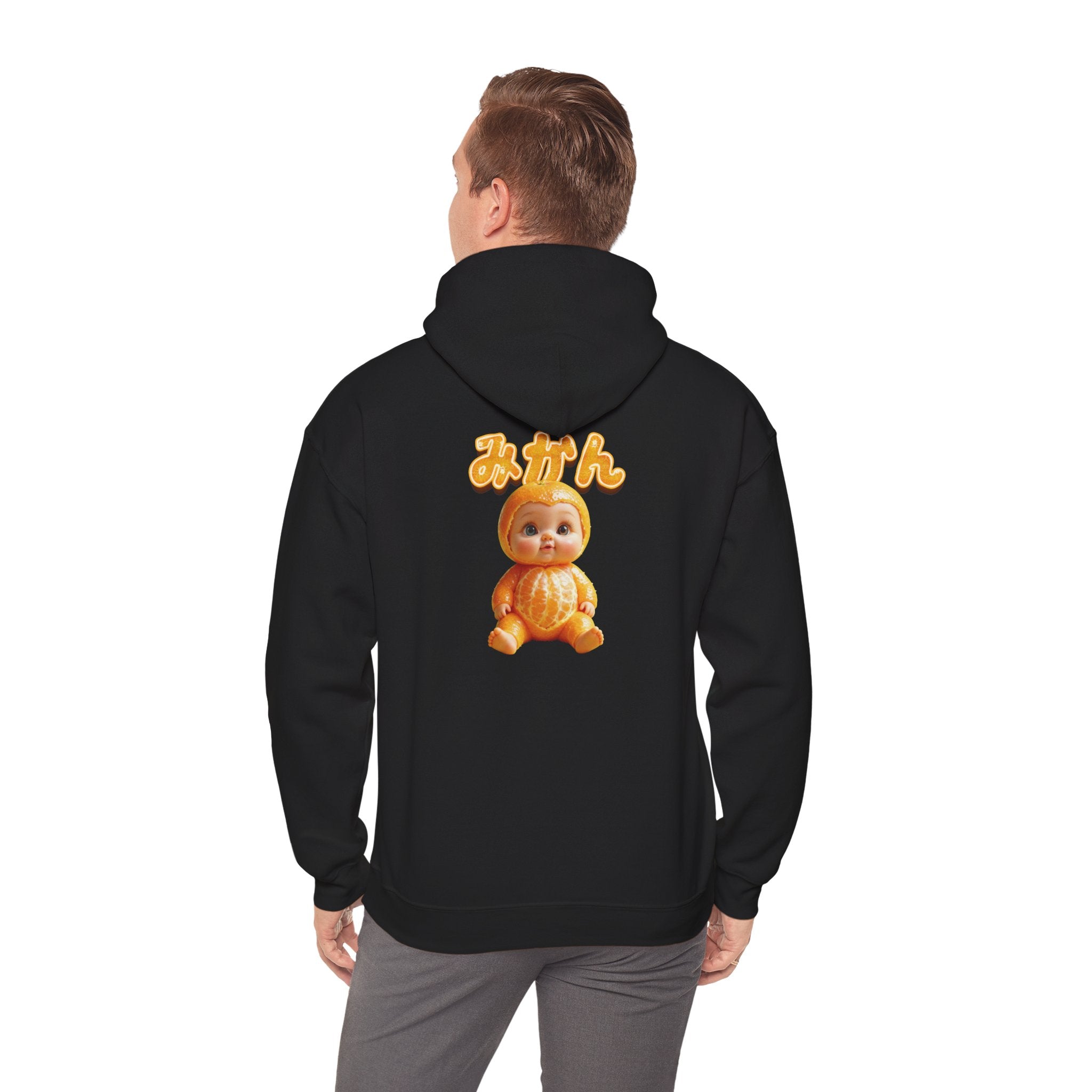 Unisex Hoodie Mikan Baby Cute Orange Character Graphic Sweatshirt Back Print | Unisex Heavy Blend™ Hooded Sweatshirt