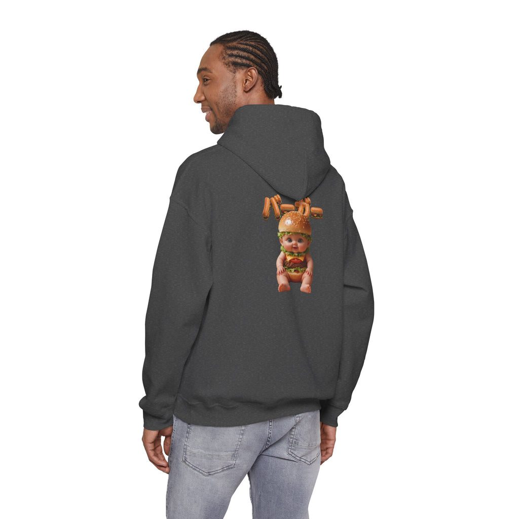 Burger Baby Hoodie Cute Food Character Back Print | Unisex Heavy Blend™ Hooded Sweatshirt