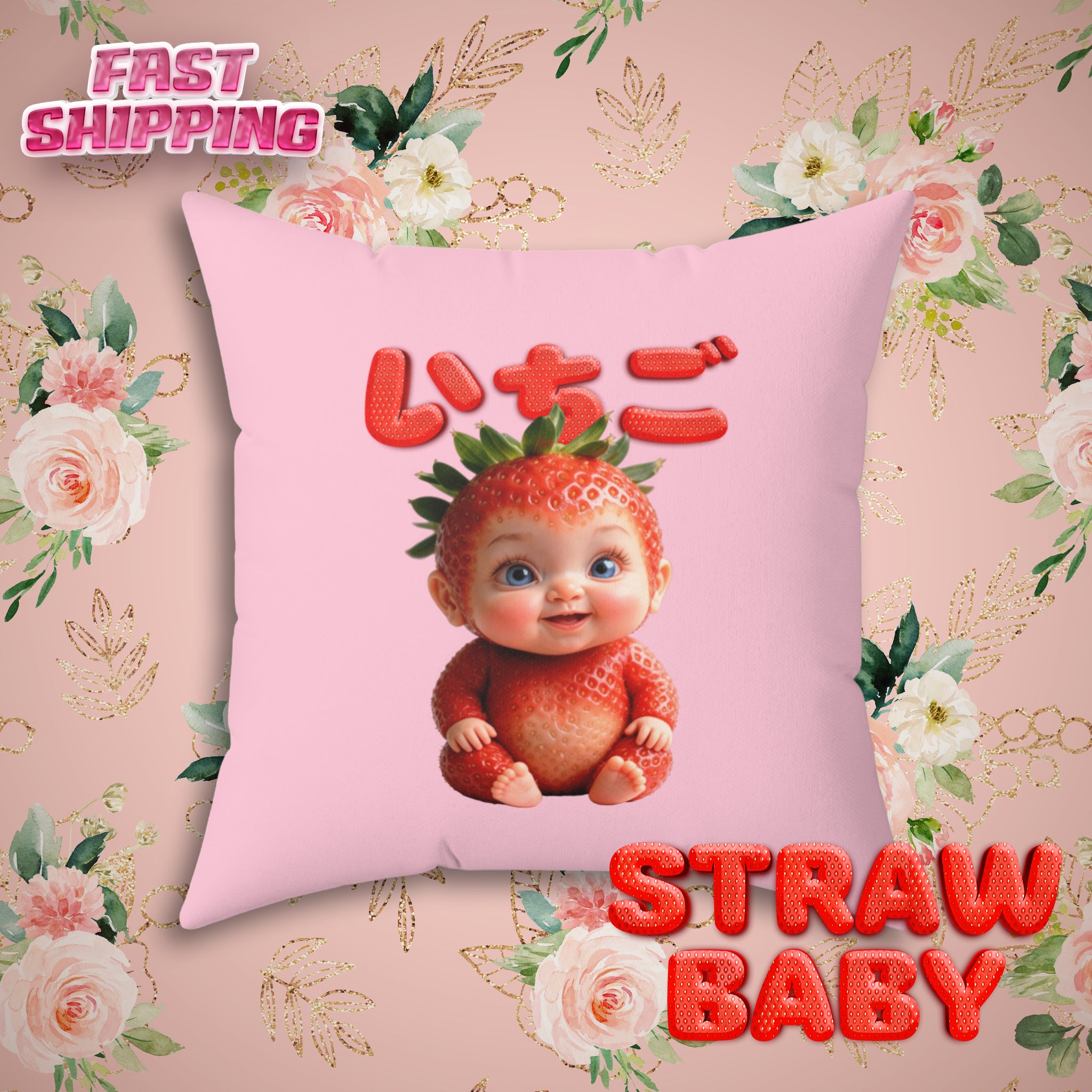 Strawberry Baby Decorative Pillow Pink Cushion for Home Decor Spun Polyester Square Pillow
