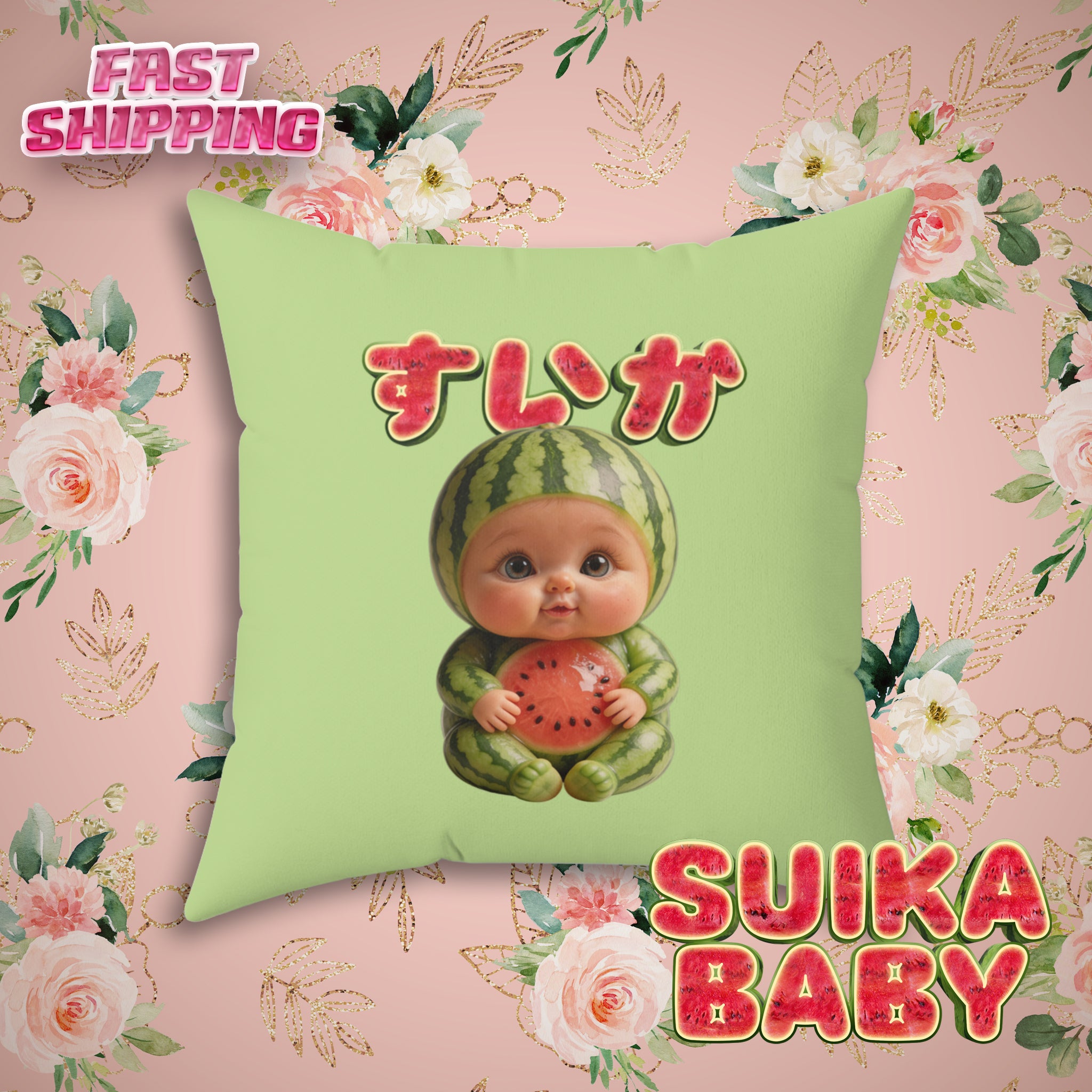Watermelon Baby Decorative Pillow Cute Fruit Character Cushion | Spun Polyester Square Pillow (YouTube Shopping Edition)