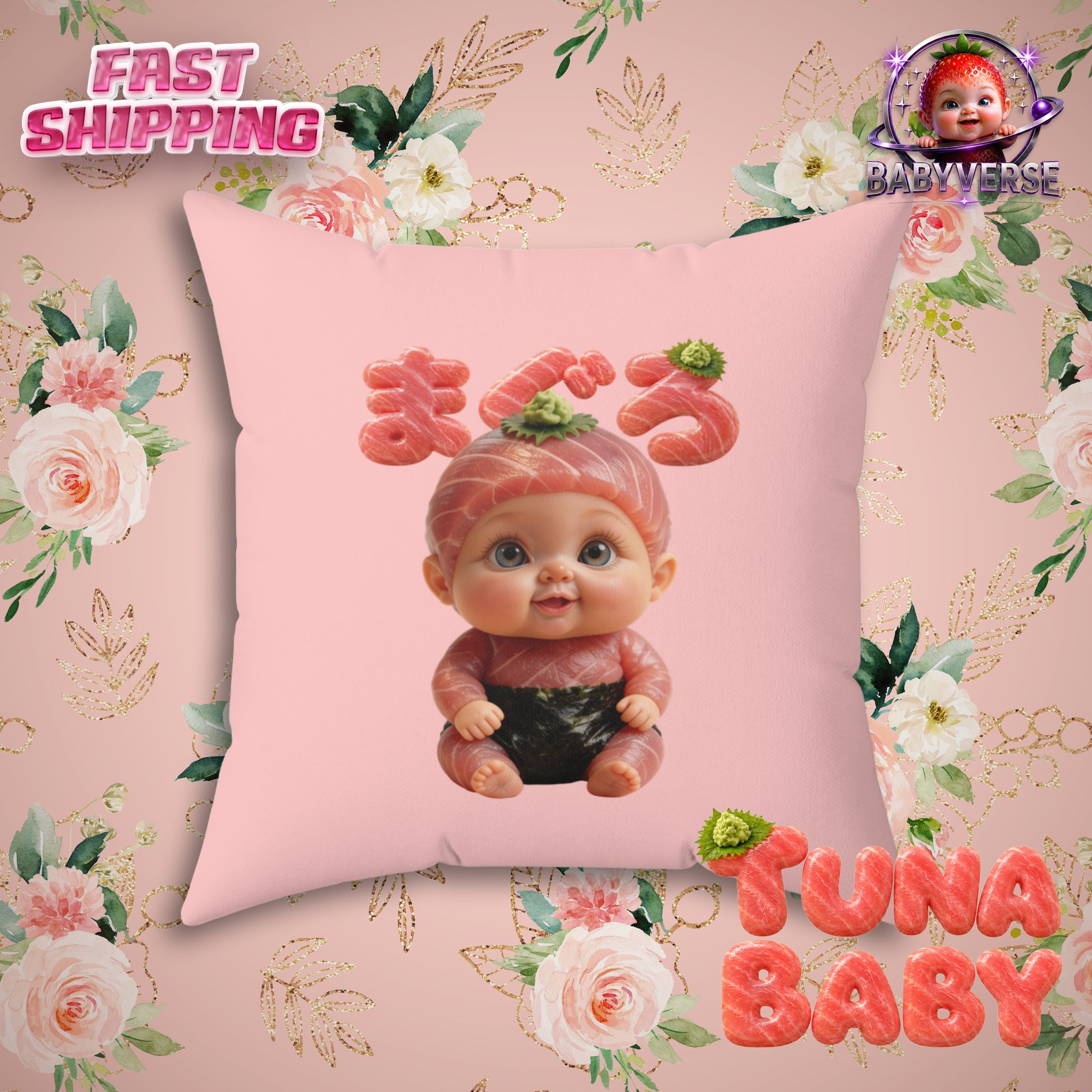 Pink Throw Pillow Tuna Baby Maguro Sushi Character Japanese Text | Spun Polyester Square Pillow