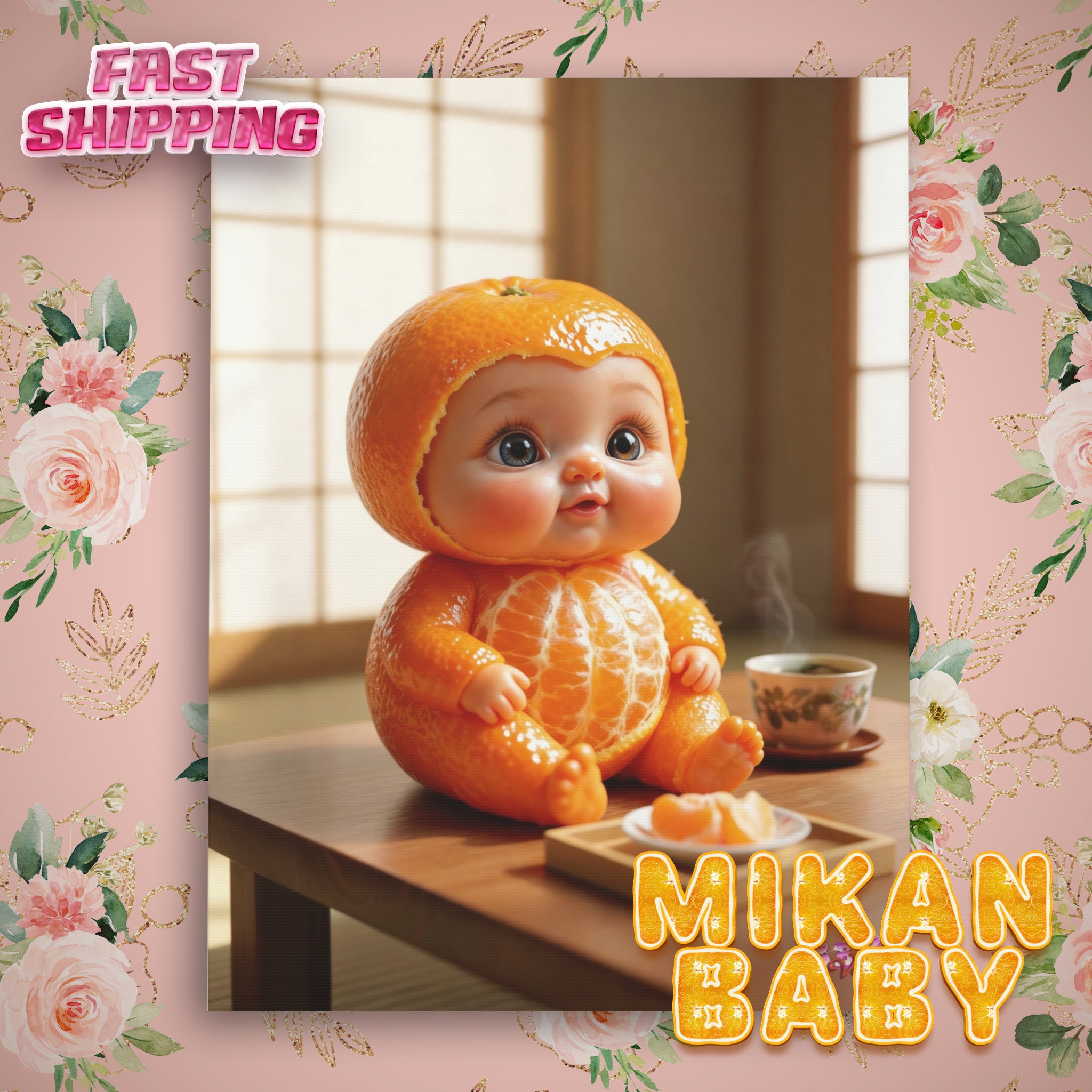 Canvas Wall Art with Mikan Baby in Japanese Room Kawaii Orange Nursery Decor | Matte Canvas, Stretched, 1.25"