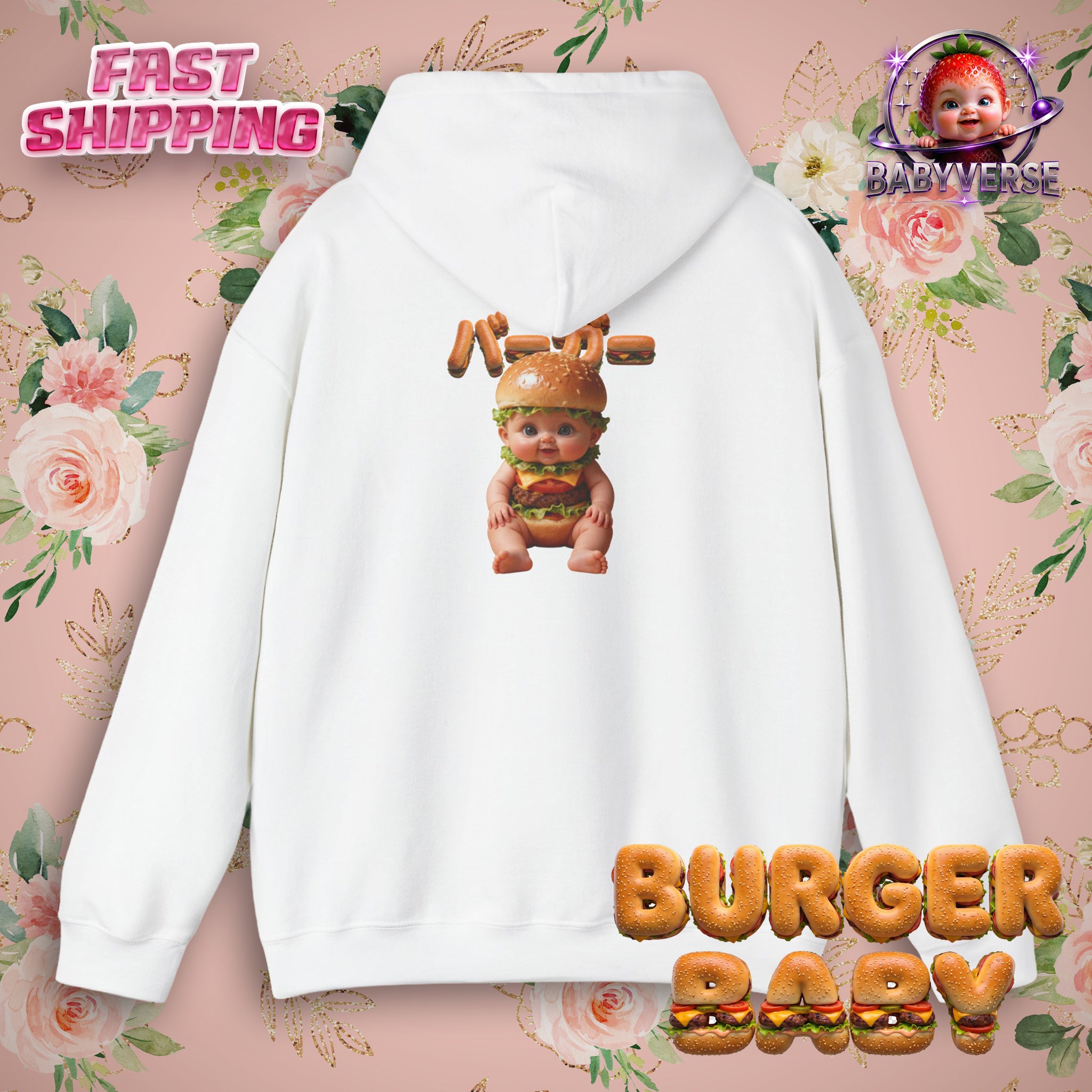 Burger Baby Hoodie Cute Food Character Back Print | Unisex Heavy Blend™ Hooded Sweatshirt