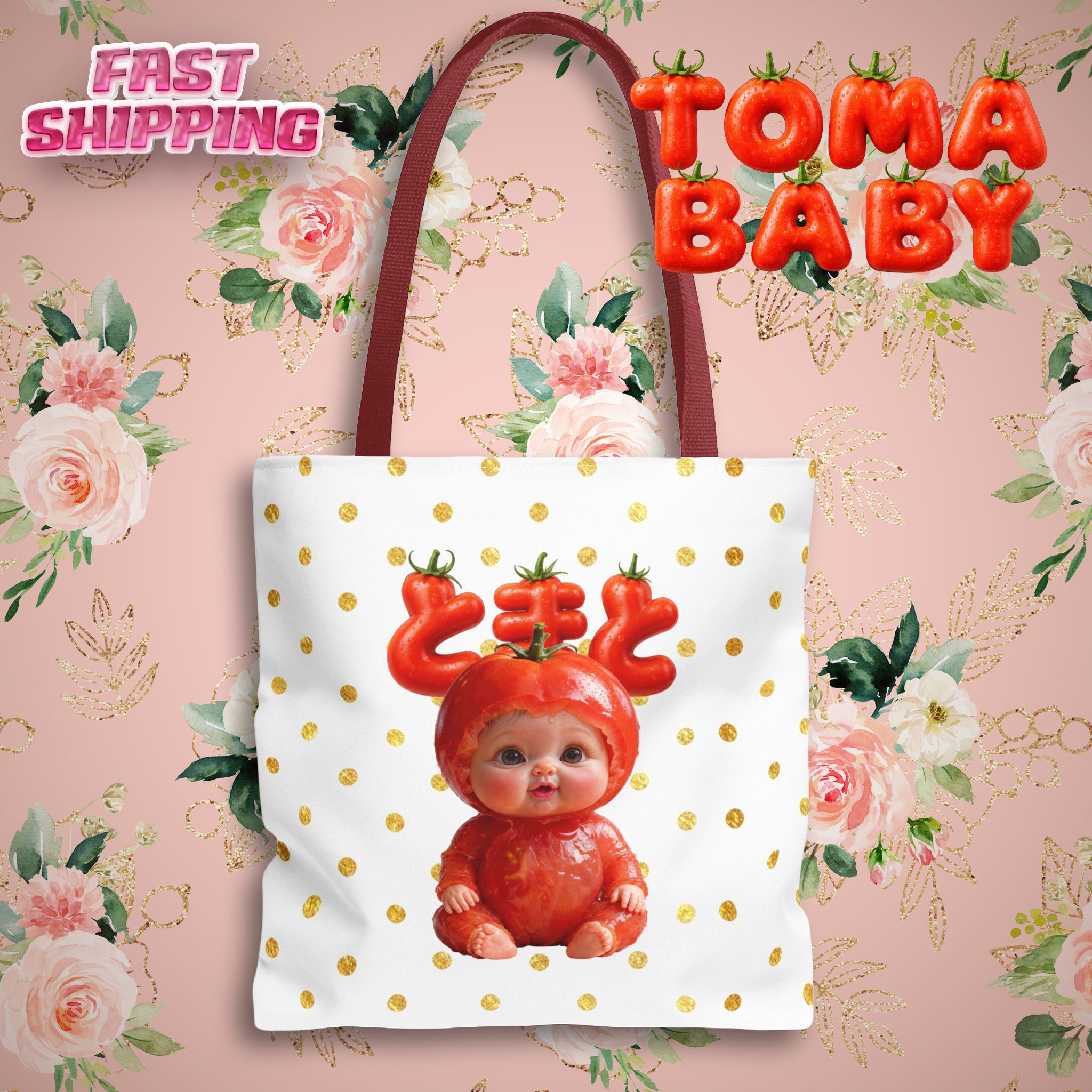 Tomato Baby Tote Bag Cute Food Character Gold Dot Bag | Tote Bag (AOP)