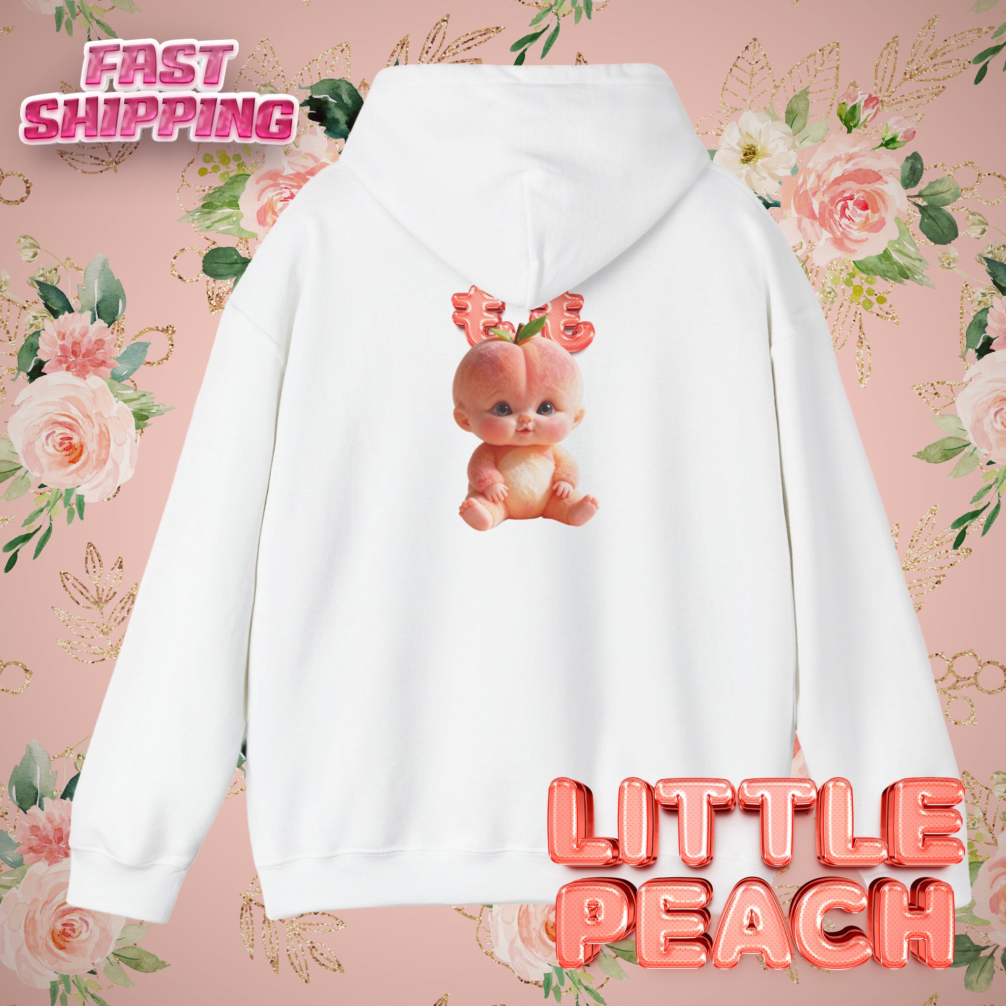 Little Peach Baby Hoodie Cute Fruit Character Graphic Unisex Sweatshirt | Unisex Heavy Blend™ Hooded Sweatshirt
