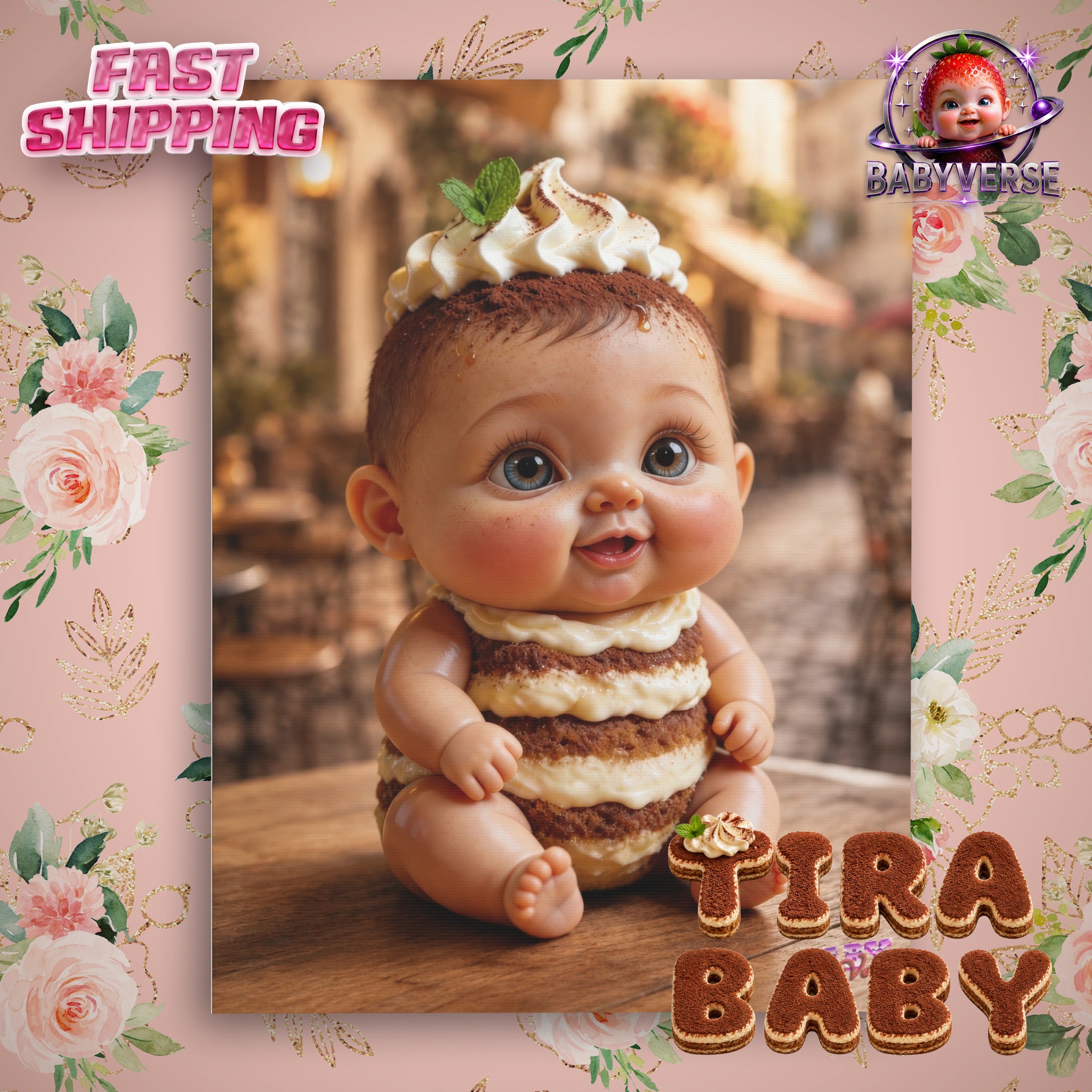 Canvas Wall Art TiraBaby Tiramisu Baby Character Italian Cafe Scene | Matte Canvas, Stretched, 1.25"