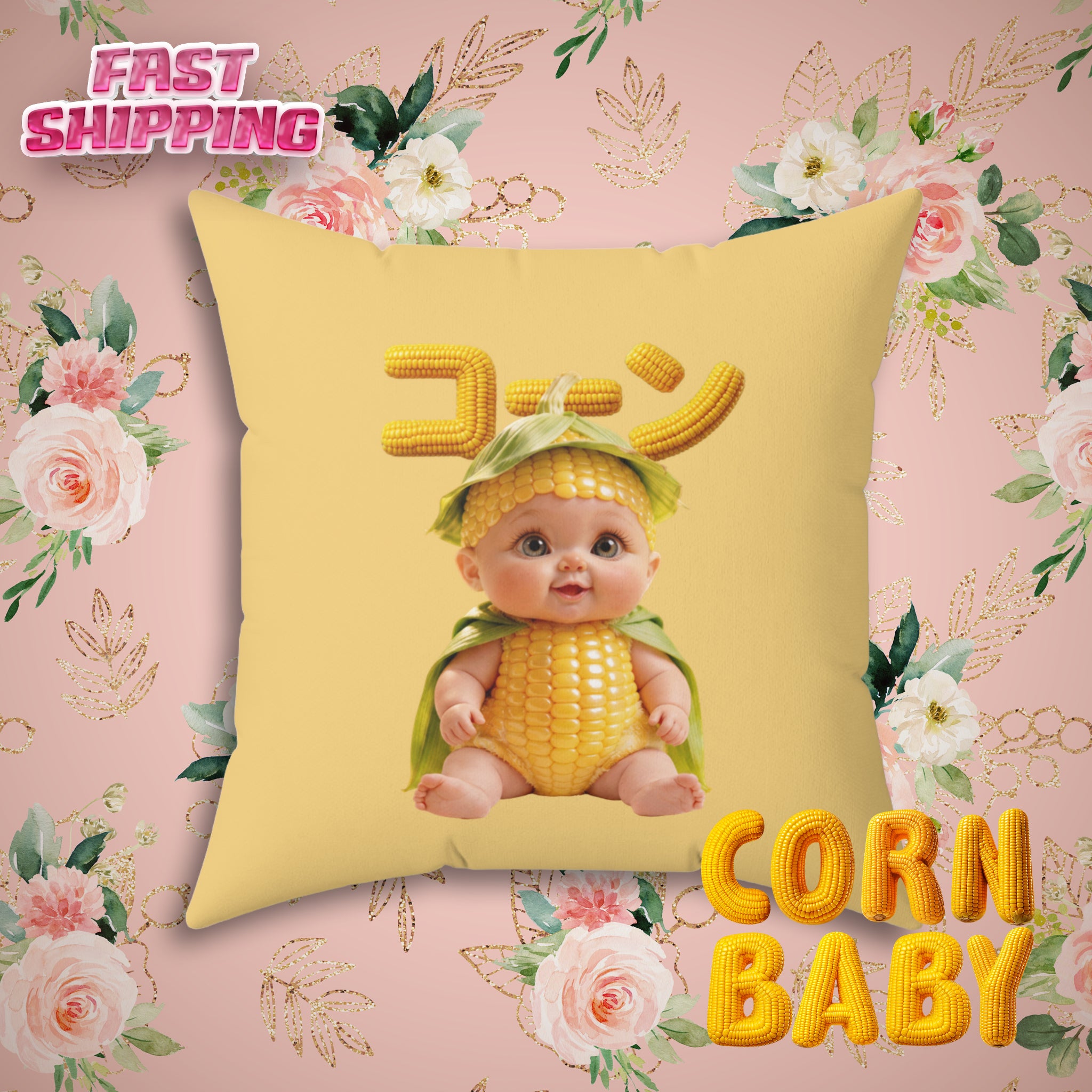 Yellow Throw Pillow Corn Baby Character Design (YouTube Store Edition) | Spun Polyester Square Pillow