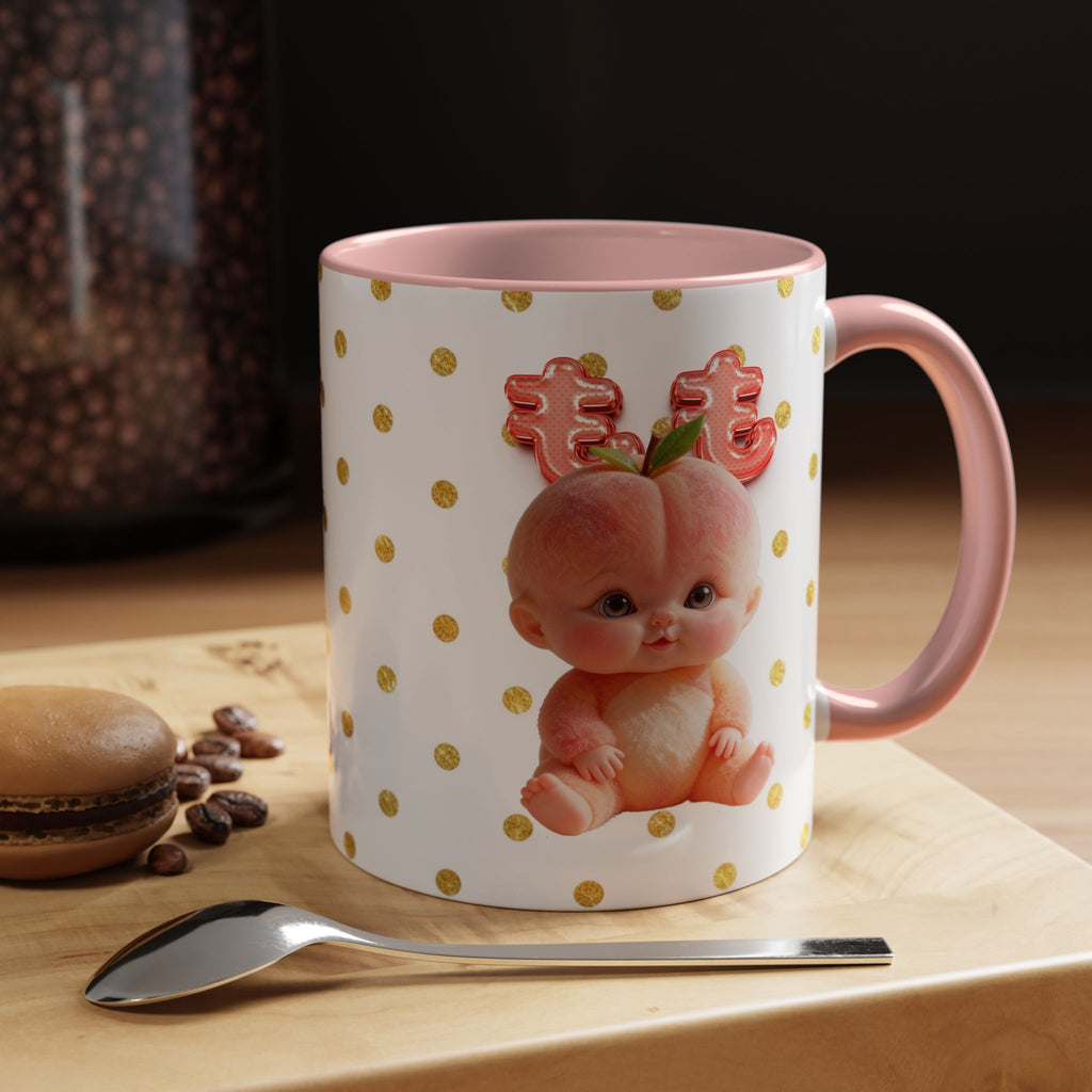 Peach Baby Ceramic Mug Pink Handle Cute Illustration Cup Accent Coffee Mug (11, 15oz)