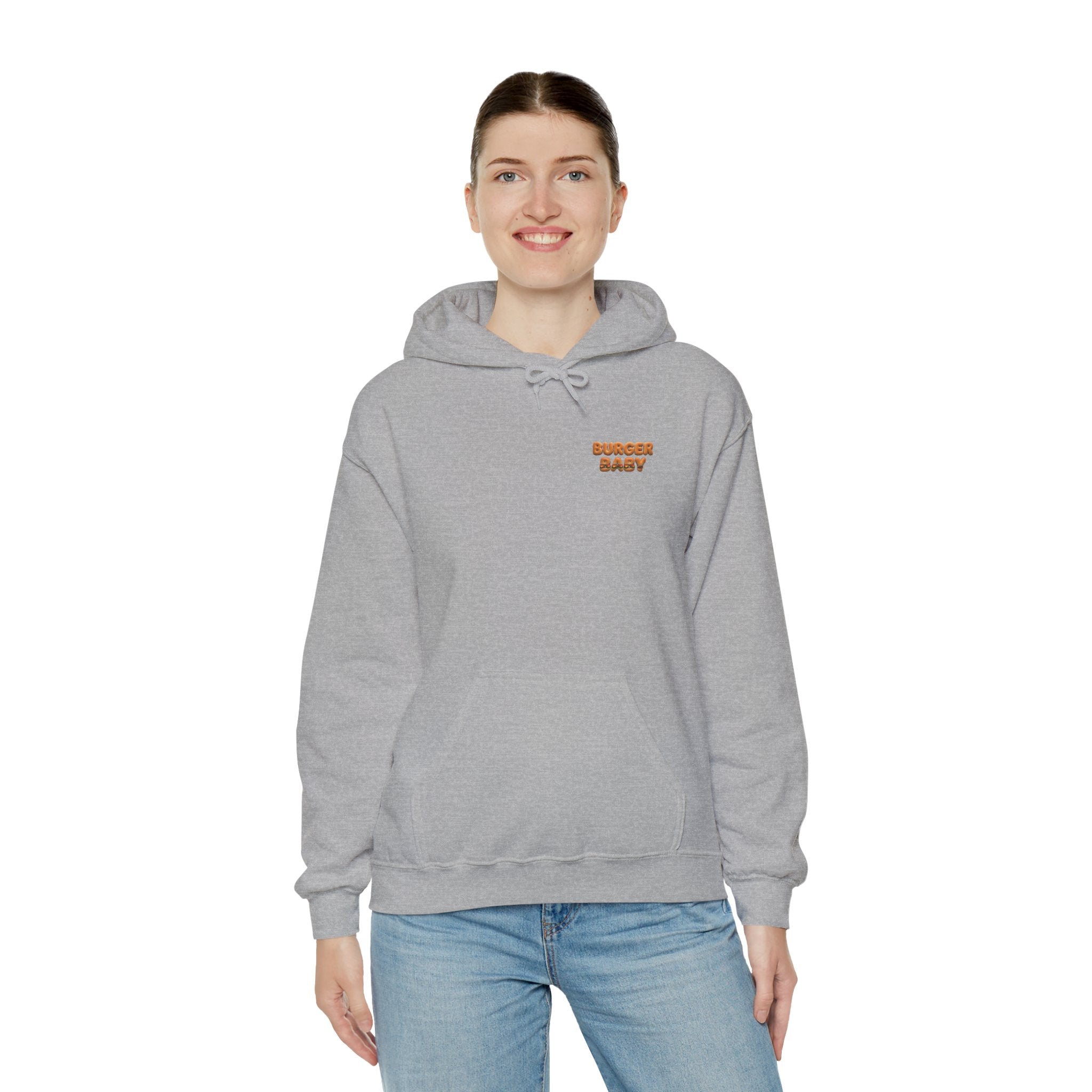 Burger Baby Hoodie Cute Food Character Back Print | Unisex Heavy Blend™ Hooded Sweatshirt