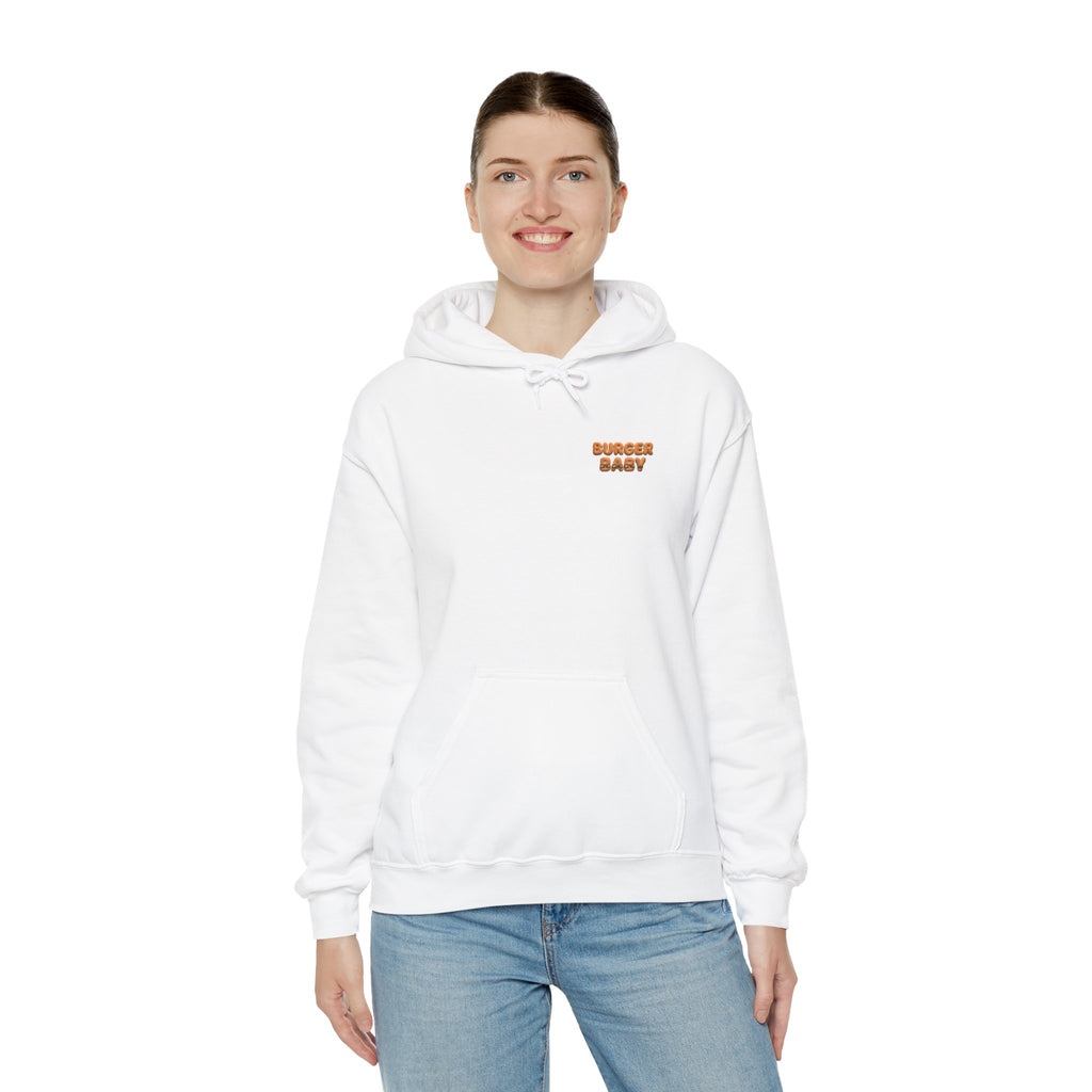 Burger Baby Hoodie Cute Food Character Back Print | Unisex Heavy Blend™ Hooded Sweatshirt
